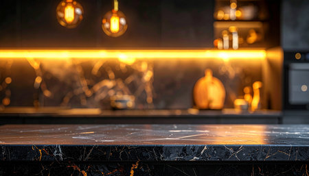 Empty black marble countertop and blurred background of modern kitchen. For product displayの素材