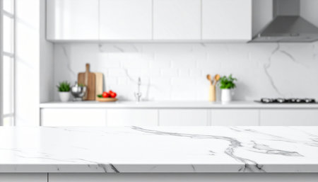 White marble table top with blurred kitchen background, product display montageの素材