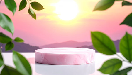 Pink podium for product presentation on blurred nature background. 3d renderingの素材