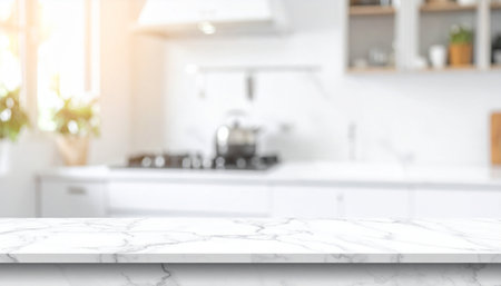 Empty white marble table top and blurred kitchen interior background, product display montageの素材