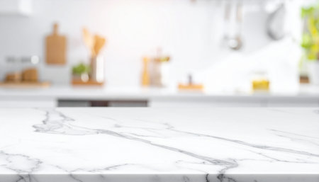 White marble table top and blur kitchen background, product display montageの素材