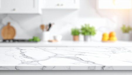 White marble table top and blurred kitchen interior background, product display montageの素材