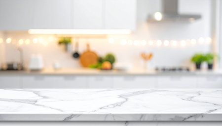 White marble table top and blurred kitchen interior background, product display montageの素材