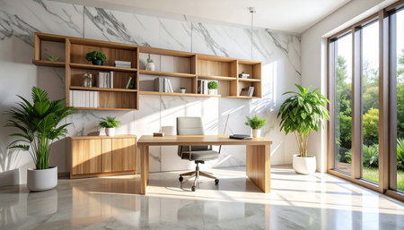 Interior of modern office with white walls, tiled floor, comfortable wooden computer table and bookcase. 3d renderingの素材
