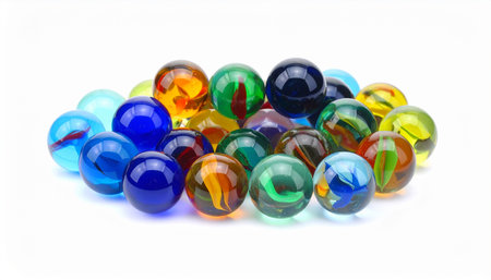 Colorful marbles isolated on white background. Selective focus.の素材