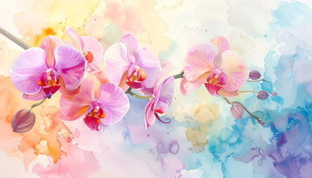 Watercolor floral background with orchids. Hand drawn vector illustration.の素材
