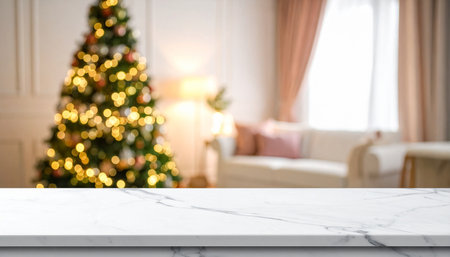 Empty white marble table top and blurred living room with Christmas tree background. For product displayの素材