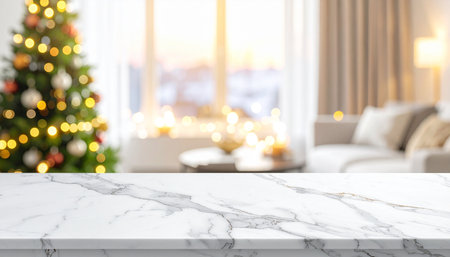 White marble table top with blurred christmas tree and living room background.の素材