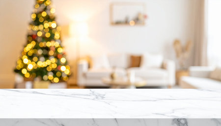 White marble table top with blurred living room and Christmas tree background.の素材