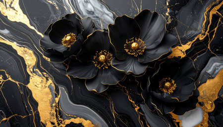 Black and gold marble texture with gold flowers. 3d illustration.の素材