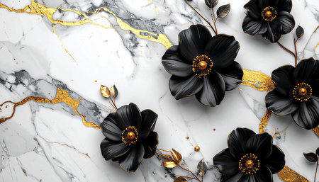 Black flowers on white marble background. 3d rendering, 3d illustration.の素材