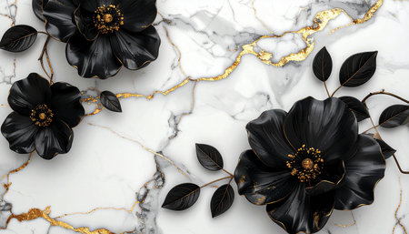 Luxury black flowers on white marble background. 3d renderの素材