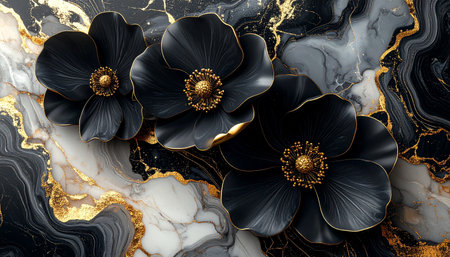 Black and gold marble texture with abstract flowers. 3d render illustrationの素材