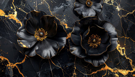 Black and gold background with poppies. 3d illustration.の素材