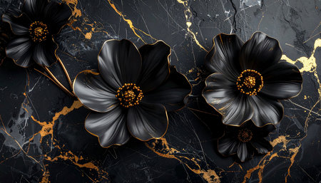 3d illustration, black and gold flowers on a marble background, top viewの素材