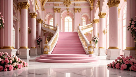 3D rendering of a beautiful royal palace interior with stairs and rosesの素材