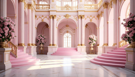 3D rendering of a beautiful royal palace with pink walls and columnsの素材