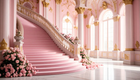 Luxury interior of a royal palacerated with pink flowersの素材