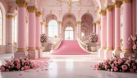 Interior of the royal palace with pink columns and stairs, 3d renderの素材