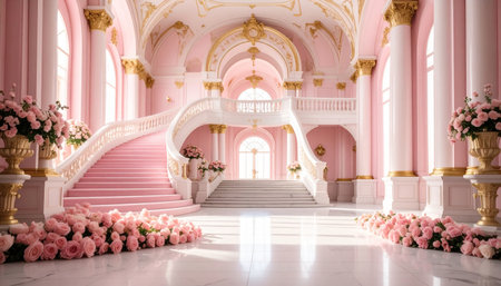Interior of the royal palacerated with pink flowers. 3d renderの素材