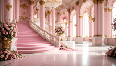 Luxury interior of the royal palace with a staircase and flowersの素材