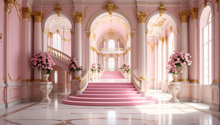 Royal palace interior with stairs and flowers. 3d render illustration.の素材