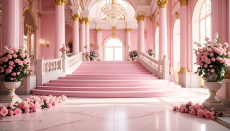 Interior of the royal palacerated with pink flowers. 3d renderの素材