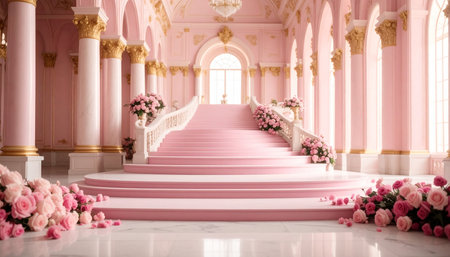 Staircase with pink flowers in the royal palace,Thailandの素材