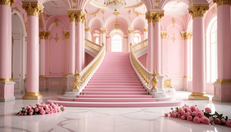 Interior of royal palace with stairs and pink walls, 3d renderの素材