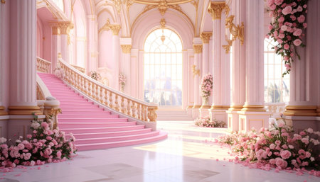 Interior of the royal palace with stairs and flowers. 3d renderの素材