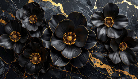 Black flowers on a black marble background. 3d rendering, 3d illustration.の素材