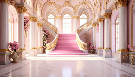 3D rendering of a royal palace interior with stairway and flowersの素材