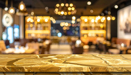 Empty top of marble table in front of abstract blurred restaurant background. For product displayの素材