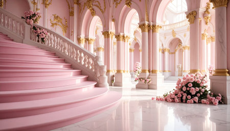 Interior of the royal palace with pink stairs and flowers. 3d renderingの素材