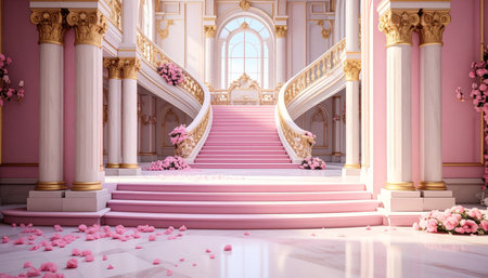 3D rendering of a beautiful royal palace interior with stairs and flowersの素材