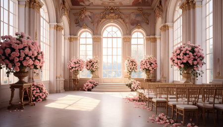 Interior of the royal palace with beautiful flowers. 3d renderの素材