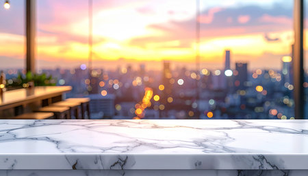 Empty white marble table top with blurred cityscape background, product display montageの素材