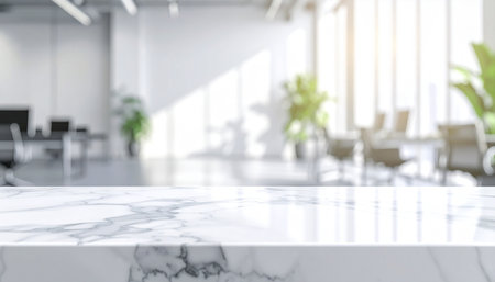 White marble table top on blur office background, product display montageの素材