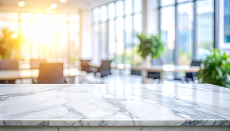 Empty white marble table top and blurred restaurant background.For product displayの素材