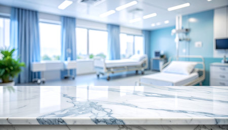 Empty white marble table top and blur hospital room background, product display montageの素材