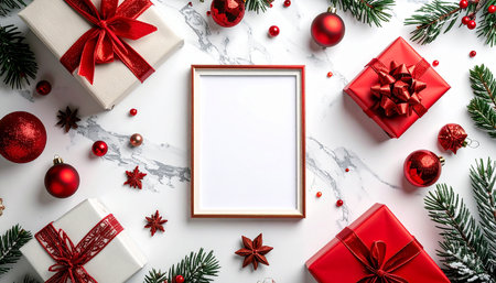 Christmas composition. Frame, gift boxes, fir tree branches on white marble background. Flat lay, top view, copy spaceの素材