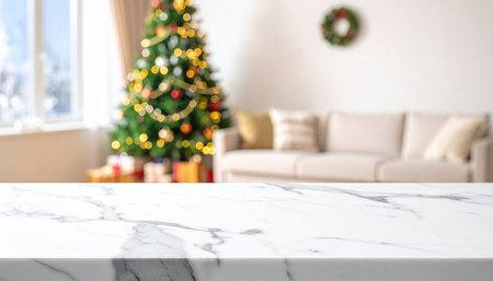White marble table top and blur living room with christmas tree backgroundの素材