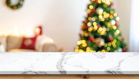 Empty white marble table top with Christmas tree bokeh background. For product displayの素材