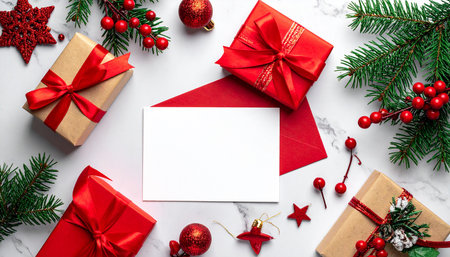 Christmas greeting card mockup with gift boxes, fir tree branches and decorations on white background top view.の素材