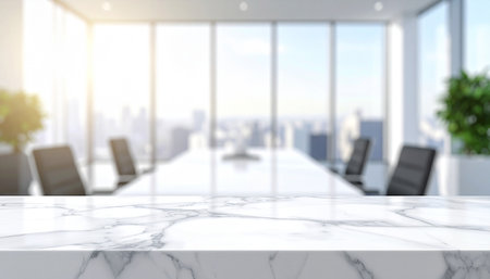 White marble table top with blurred office background. 3D Renderingの素材