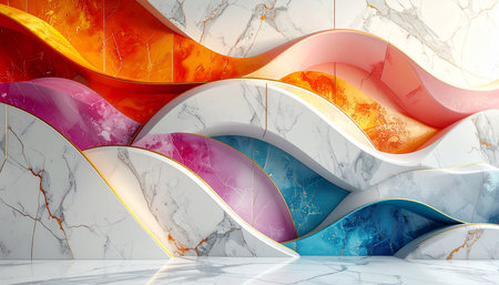 3d render, abstract marble background with colorful curved lines and wavesの素材