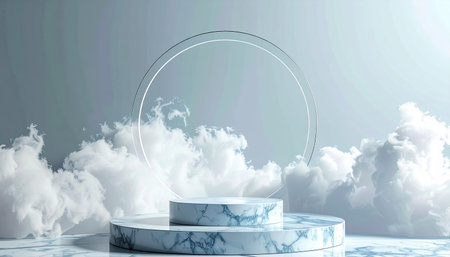 3d render of a round podium in the sky with clouds.の素材