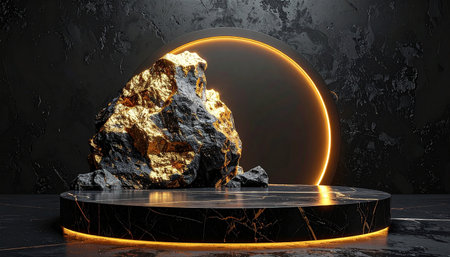 Black marble podium on dark background. 3d render. Abstract composition.の素材