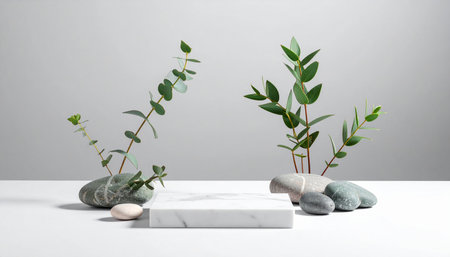 Eucalyptus leaves with white marble podium on grey backgroundの素材