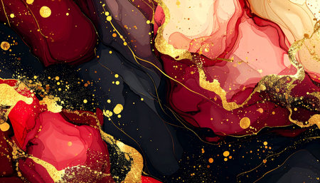 Abstract background with gold, black and red liquid texture. Vector illustrationの素材